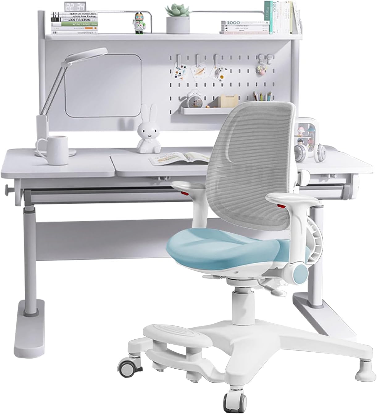 FCD Desk and Chair for Kids, Height Adjustable Wood Children Study Computer Desk with Large Shelf, Tiltable Desktop and Pull-Out Drawer