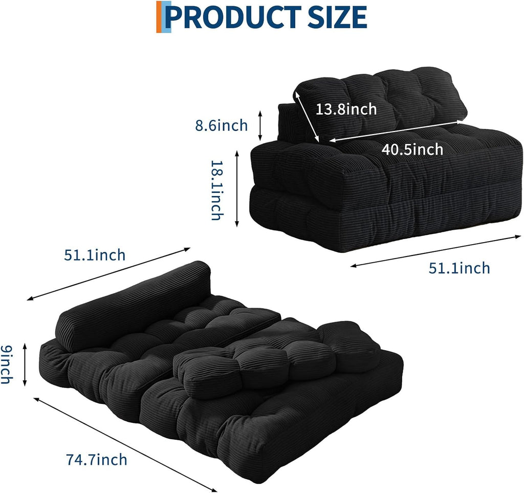 Folding Sofa Bed, 3-in-1 Convertible Sleeper Chair with Pillow, Double Futon Couch Bed with Back Support, Portable Fold Out Chair Bed Comfy Floor Sofa Lounge for Living Room Bedroom, Black