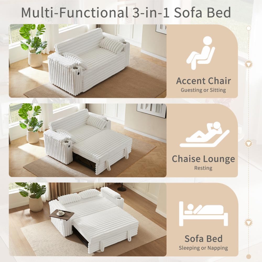 hansones 68' Corduroy Convertible Sofa Bed with USB, Storage Armrests & Pillows – 3-in-1 Foldable Sleeper Chair Floor Couch for Living Room, Bedroom, Guest Room (ZY-1109-White)