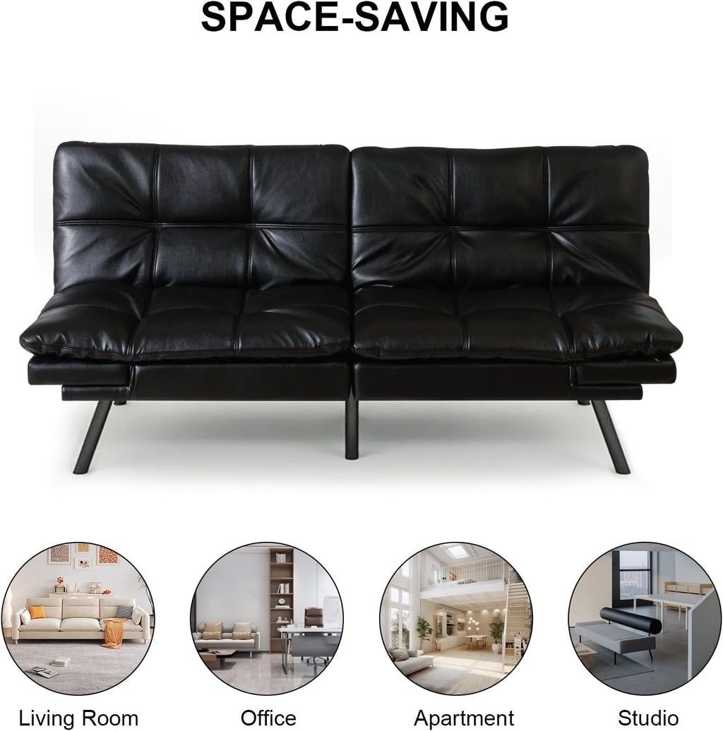 MUUEGM Futon Sofa Bed, 71' Folding Recliner Lounge with Adjustable Backrest & Armrests, Comfy Loveseat Sleeper Couch for Compact Spaces, Faux Leather, Black