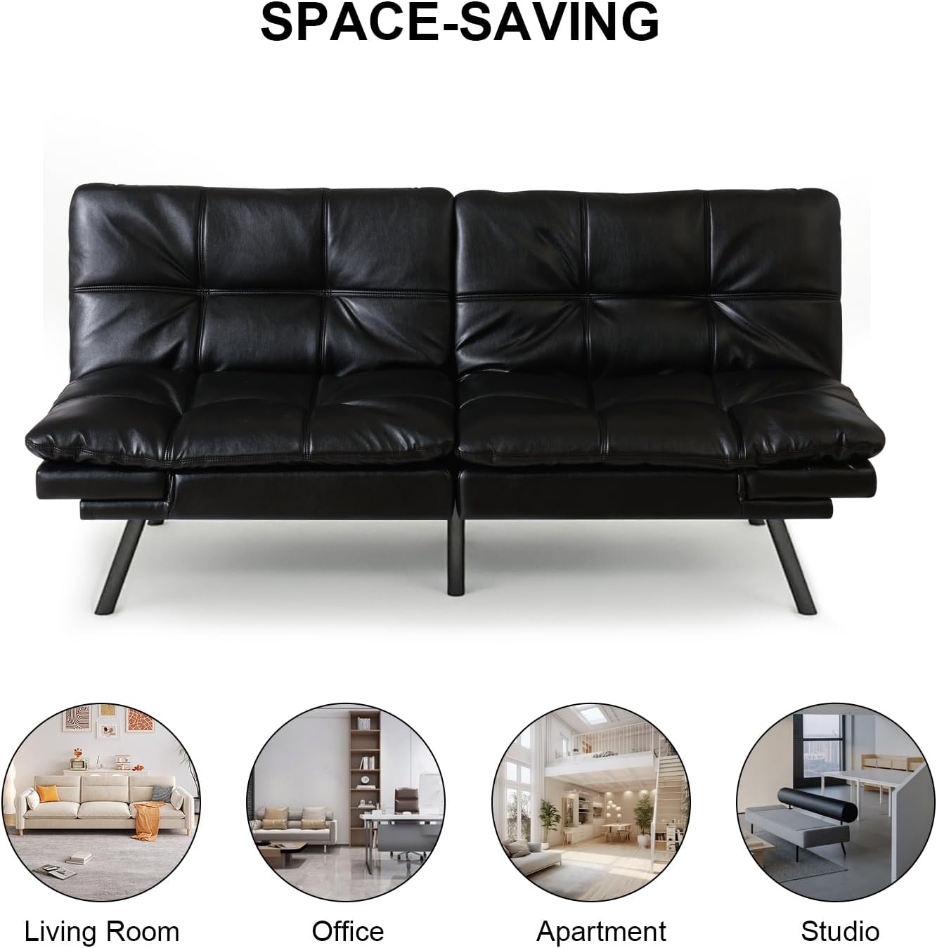 MUUEGM Futon Sofa Bed, 71' Folding Recliner Lounge with Adjustable Backrest & Armrests, Comfy Loveseat Sleeper Couch for Compact Spaces, Faux Leather, Black