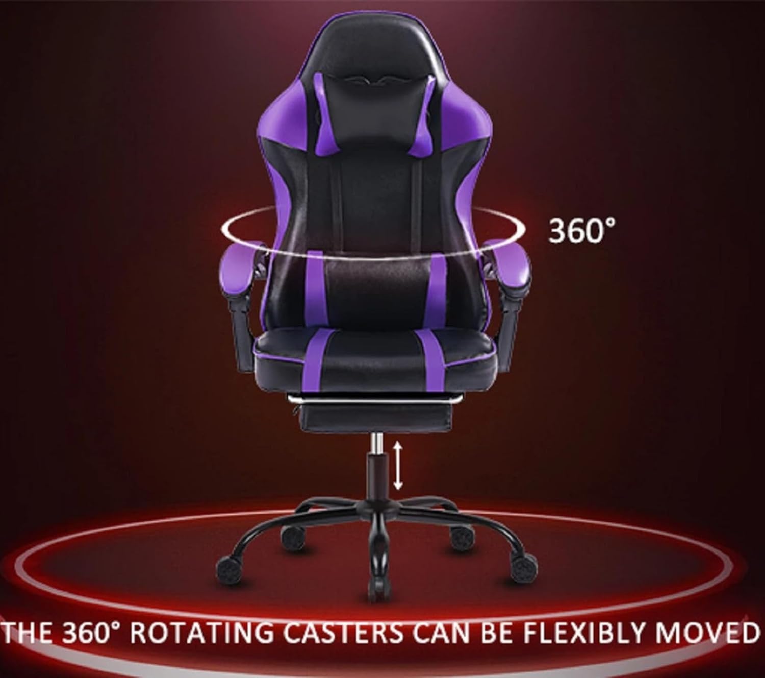 Video Game Chairs for Adults, PU Leather Gaming Chair with Footrest, 360° Swivel Adjustable Lumbar Pillow Gamer Chair, Comfortable Computer Chair for Heavy People, Purple