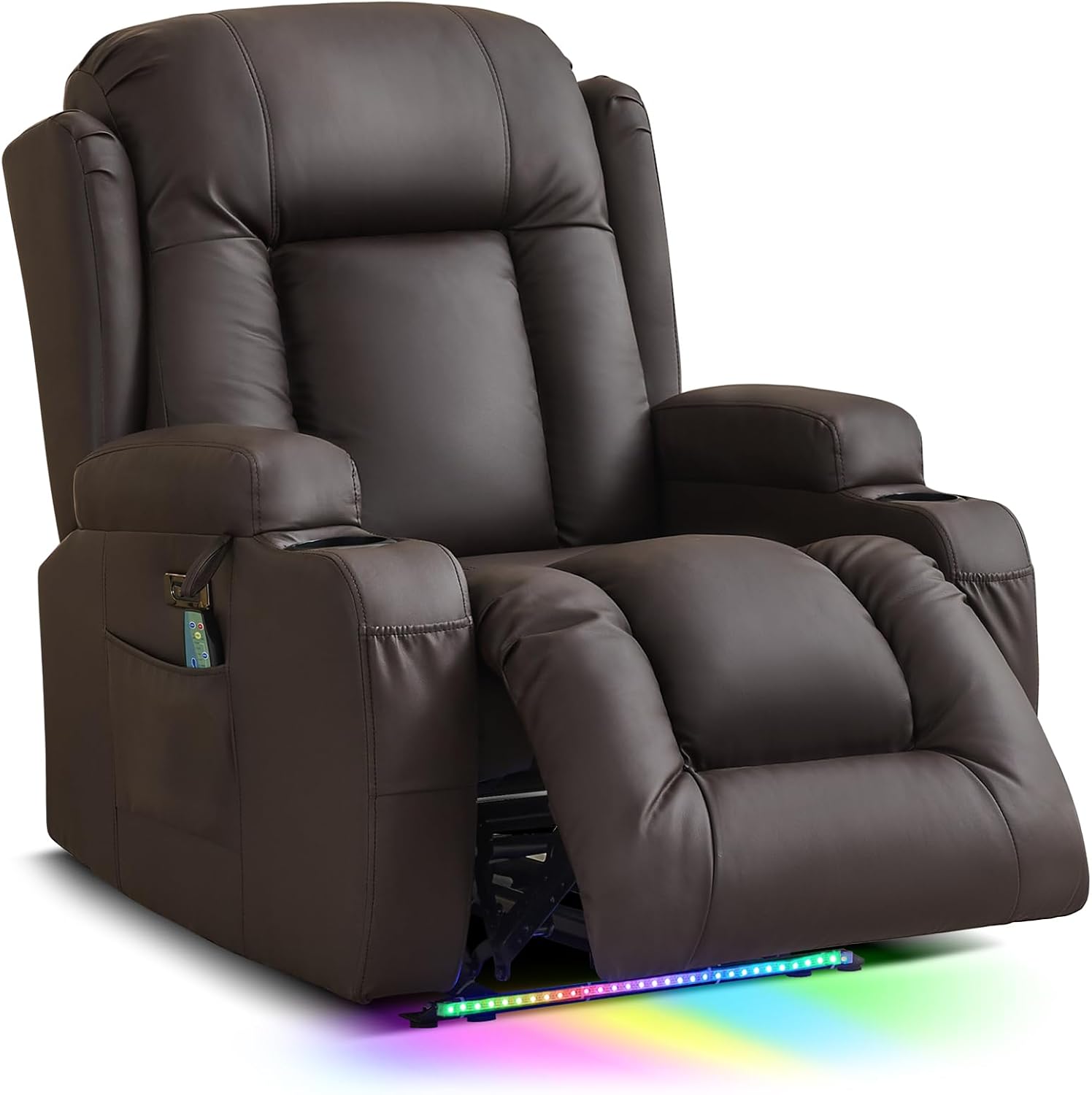 TUNYI Power Recliner Sofa with Massage & Heat Home Theater Seating with Console RV Recliner Sofa with USB/Storage/Side Pocket/LED Light/Speaker (Brown, 1PC)