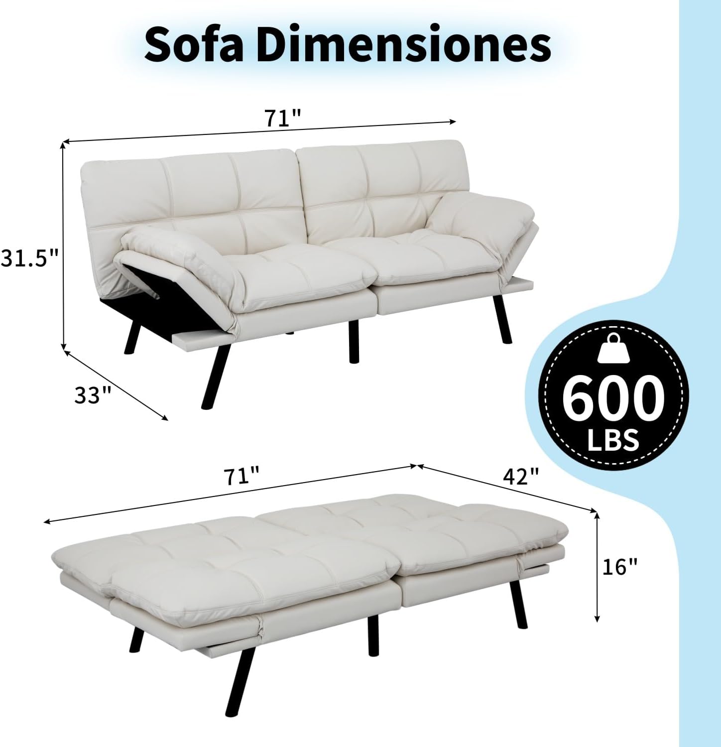 MUUEGM 71' Convertible Futon Sofa Bed, Upholstered Small Futon Couches with Adjustable Backrest, Loveseat Sleeper Bed for Compact Living Room Studio Office (White)