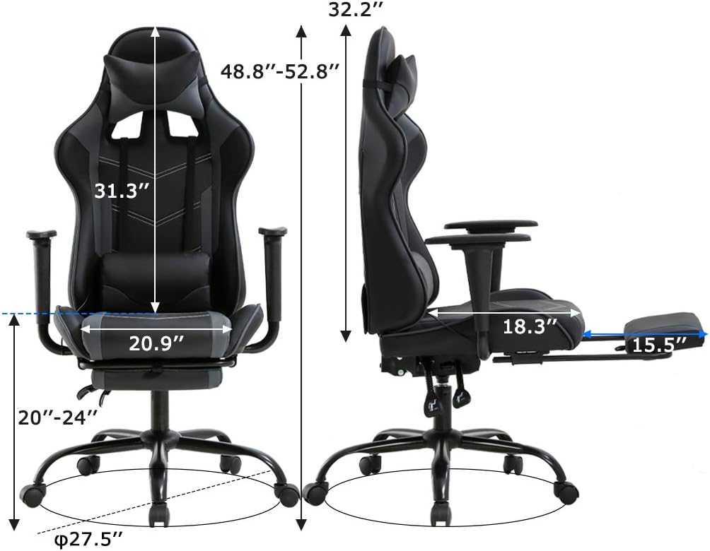 Ergonomic Gaming Chair for Adults, Adjustable High-Back Computer Desk Chair with Lumbar Support and Footrest, Leather Office Chair for Gaming, Big and Tall Comfy Gamer Chair (Black)