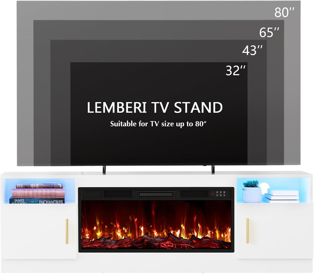 Lemberi Fireplace TV Stand with 36' Electric Fireplace, Fits TVs Up to 80', 70' LED Lit Entertainment Center, Modern High Gloss Wood with Spacious Storage Cabinet for Living Room, White