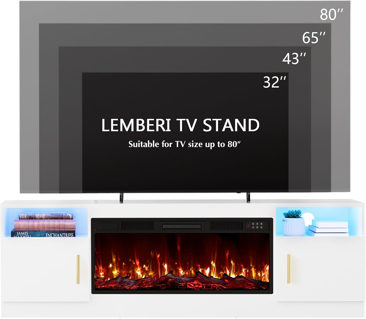 Lemberi Fireplace TV Stand with 36' Electric Fireplace, Fits TVs Up to 80', 70' LED Lit Entertainment Center, Modern High Gloss Wood with Spacious Storage Cabinet for Living Room, White