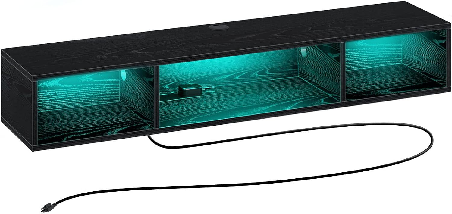 Rolanstar TV Stand with Power Outlet, Floating TV Stand with RGB Lights, 47.2' Wall Mounted TV Shelf, Black Media Console with Storage Shelf, Entertainment Under TV for Living Room, Bedroom