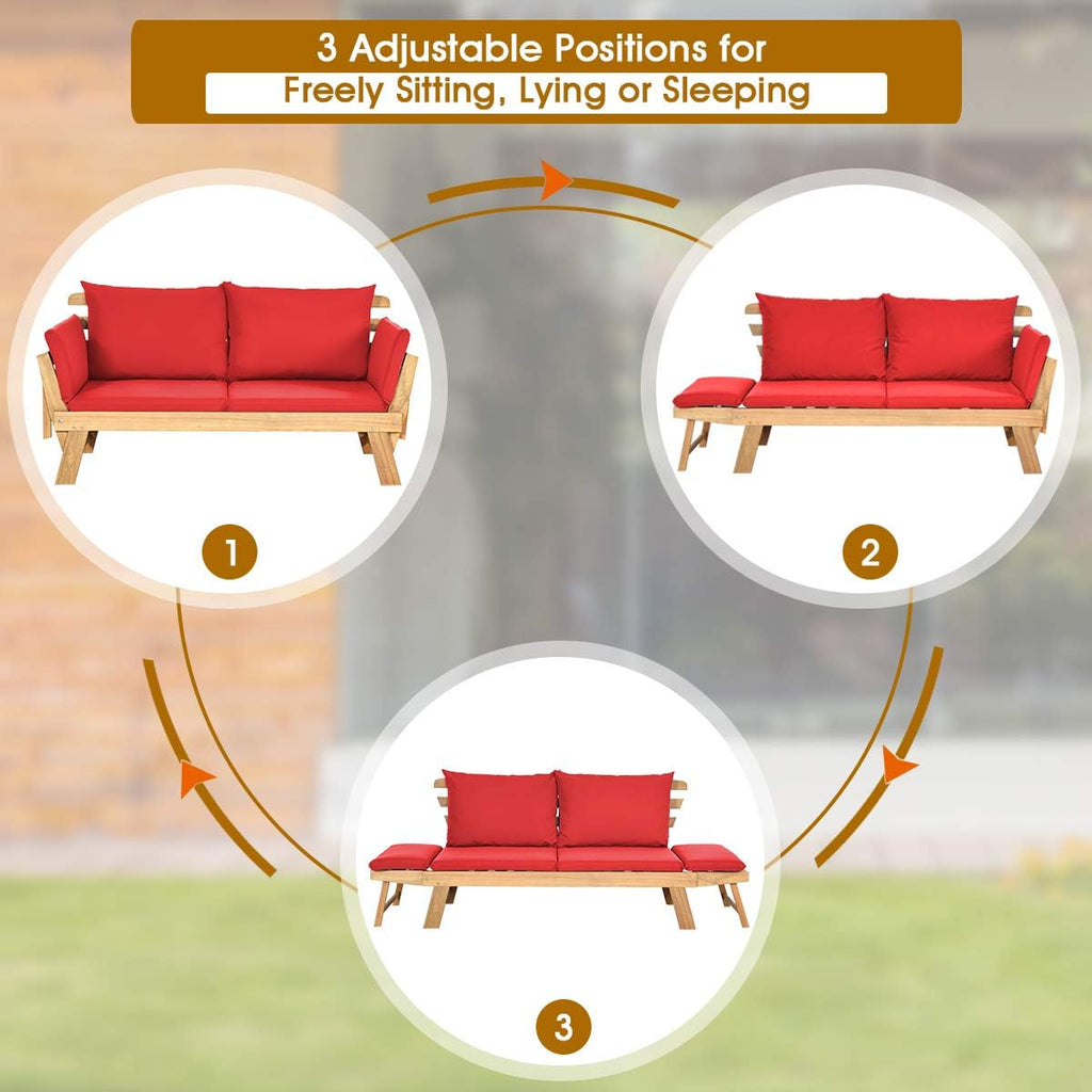 Tangkula Convertible Acacia Wood Patio Couch Sofa Bed with Adjustable Armrest, Outdoor Daybed with Cushion & Pillows, Outside Folding Futon Sofa Couch Bench for Porch, Courtyard, Poolside & Garden