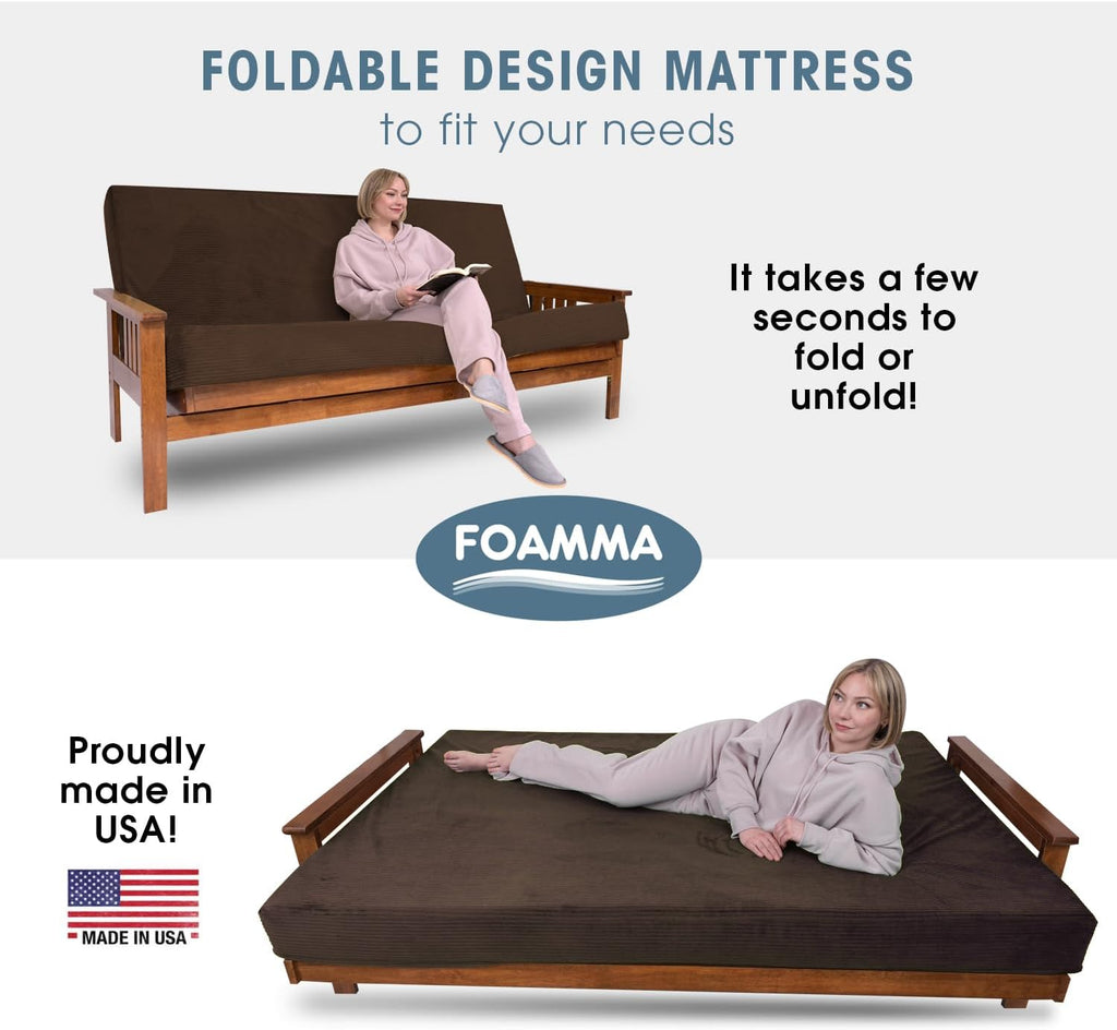 Foamma Memory Foam Futon Mattress, Double-Sided Foldout Couch Futon Mattress, 6' x 38' x 75' Twin Size (Brown), Corduroy Fabric - Heavy Duty Sofa Bed, Thick Corded Cushion (Frame NOT Included)