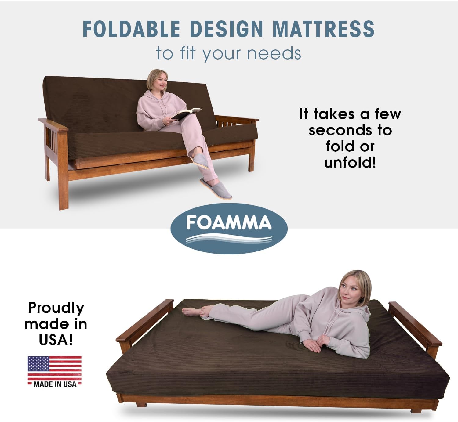 Foamma Memory Foam Futon Mattress, Double-Sided Foldout Couch Futon Mattress, 6' x 54' x 80' Full XL (Brown), Corduroy Fabric - Heavy Duty Sofa Bed, Thick Corded Cushion (Frame NOT Included)