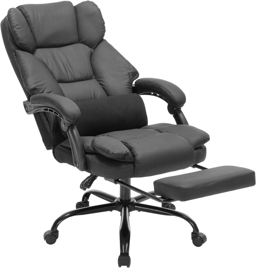 Ergonomic Executive Office Chair with Footrest & Lumbar Support - Heavy-Duty Reclining Computer Chair, 400lbs Capacity, PU Leather Swivel Desk Chair for Home Office (Black)