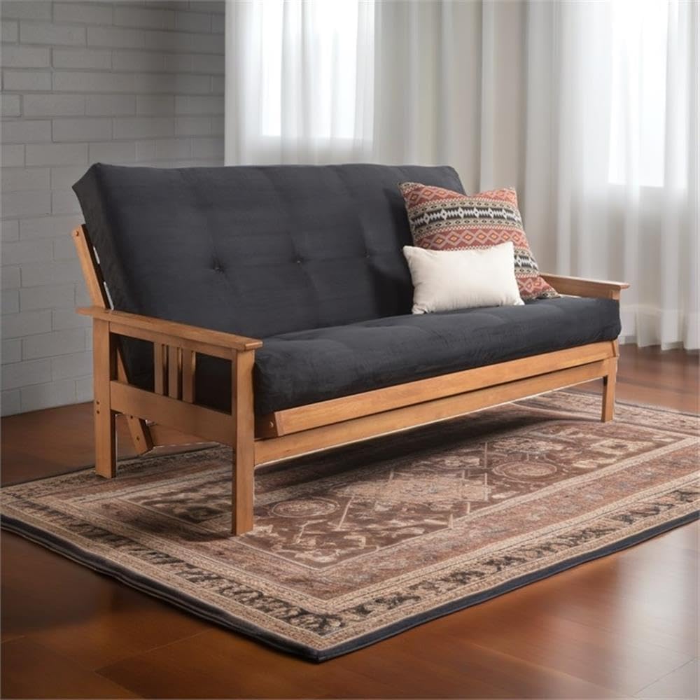Pemberly Row 7' Full Size Futon Mattress Replacement, Suede Fabric Sleeper Sofa Bed Mattress, Cotton and Foam Construction, Black-Frame Not Included