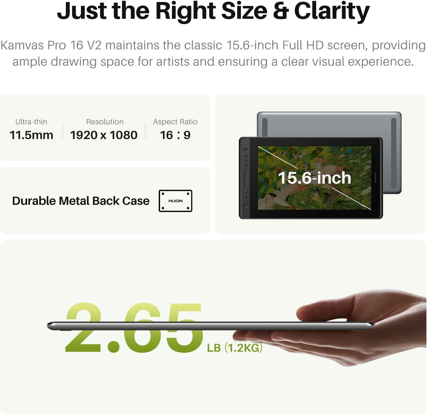 HUION Kamvas Pro 16 V2 Drawing Tablet with Screen 16K Levels PenTech 4.0 Battery-Free Pen, 15.6' Full-Laminated, Smart Touch Bar & 6 Keys Art Tablet Work with Windows, Mac and Linux