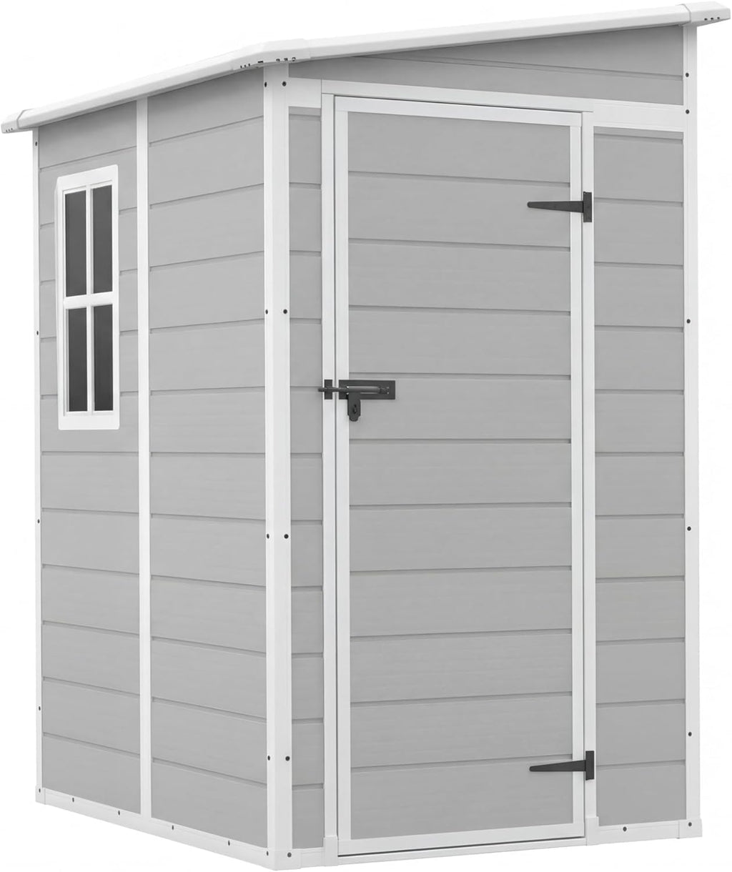 Devoko 5 x 4 FT Resin Outdoor Storage Shed with Floor, Plastic Tool Shed with Window, Outside Waterproof Garden Shed with Lockable Door for Patio, Lawn, Backyard, Poolside, Light Grey