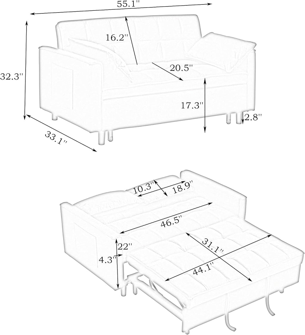 3 in 1 Convertible Sofa Bed, Loveseat Sleeper Sofa with Large Side Pockets, Pull Out Couch with Adjustable Backrest, Easy Assembly, Velvet Couch Bed for Small Spaces, Apartment, Pink