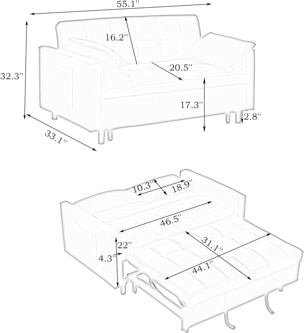 3 in 1 Convertible Sofa Bed, Loveseat Sleeper Sofa with Large Side Pockets, Pull Out Couch with Adjustable Backrest, Easy Assembly, Velvet Couch Bed for Small Spaces, Apartment, White