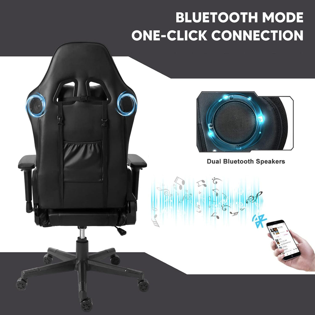 RGB Gaming Chair with Bluetooth Speakers Ergonomic Full Massage Video Game Chairs Lumbar Support 4D Armrests PU Leather Gamer Chair Recliner Chair High Back Computer Chair for Adults Teens,Blac