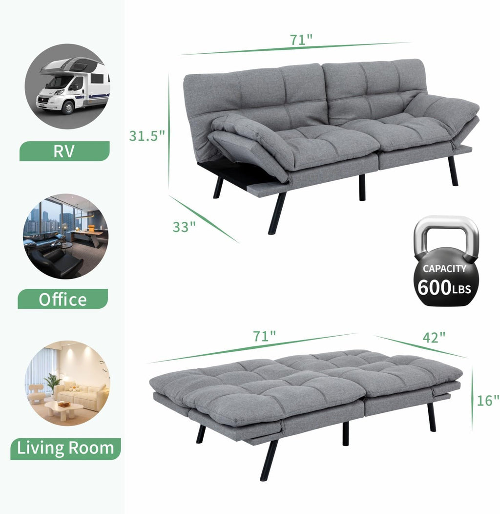 MUUEGM 71' Futon Sofa Bed, Convertible Couch Bed, Modern Loveseat with Adjustable Backrest&Armrest, Sofas for Living Room,Game Room,Dormitory,Office.Light Grey Fabric