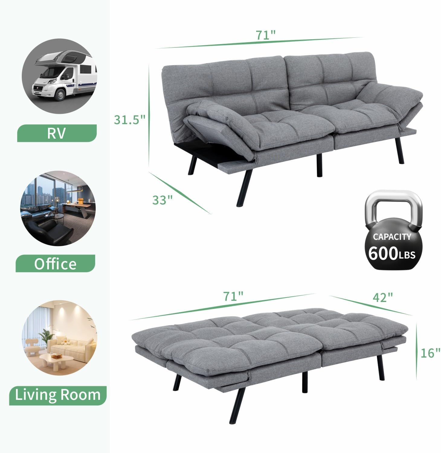 MUUEGM 71' Futon Sofa Bed, Convertible Couch Bed, Modern Loveseat with Adjustable Backrest&Armrest, Sofas for Living Room,Game Room,Dormitory,Office.Light Grey Fabric