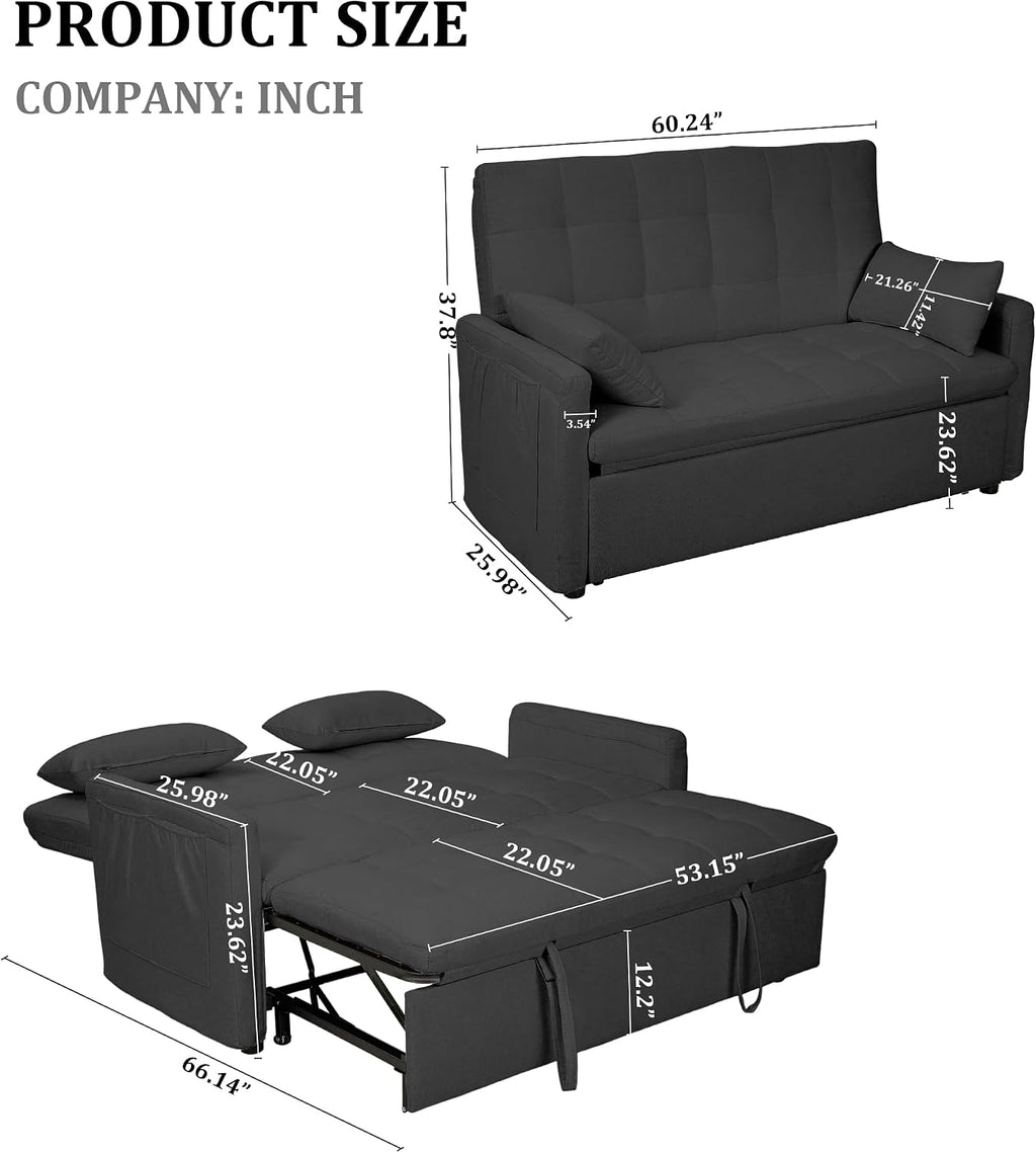 Oversized 3-in-1 Convertible Sleeper Sofa Bed, Futon Couch with Pullout Bed, 2-Seater Loveseat Sofa w/Pockets, Adjustable Backrest and Pillows for Living Room Apartment (Gray-Button Tufted)
