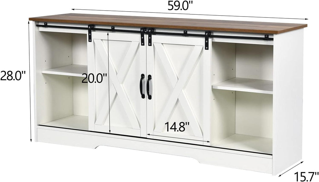 4 EVER WINNER TV Stand for 65 Inch TV for Living Room, Modern Farmhouse Barn Door TV Stand with Storage Cabinets and Adjustable Shelves for Bedroom, Media Entertainment Center TV Console Table, White