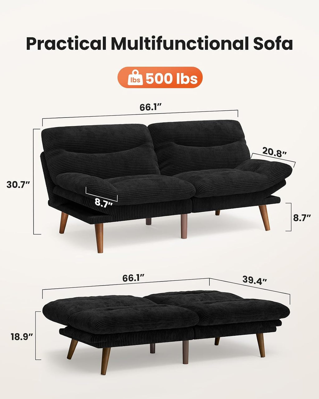 66″Futon Sofa Bed,3-in-1 Futon Couch w/Adjustable Backrest & Armrests, Convertible Sleeper Sofa Bed, Small Folding Sleeper Recliner w/Removable Cushion for Apartment, Living Room,Office (66in,Black)