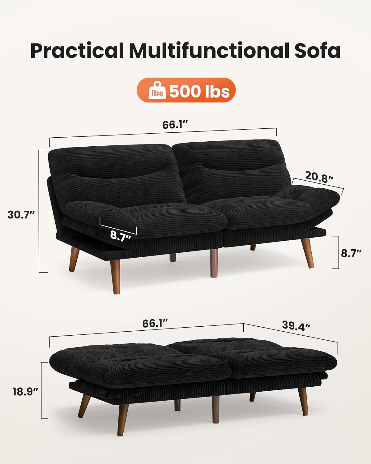 66″Futon Sofa Bed,3-in-1 Futon Couch w/Adjustable Backrest & Armrests, Convertible Sleeper Sofa Bed, Small Folding Sleeper Recliner w/Removable Cushion for Apartment, Living Room,Office (66in,Black)