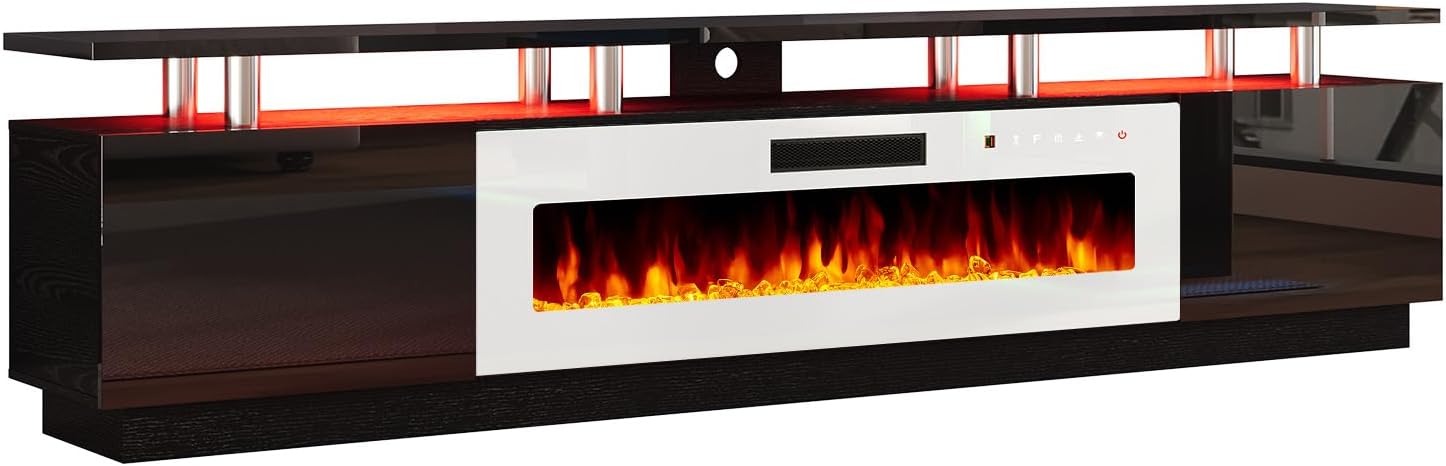 AMERLIFE 90' 2 Tier Fireplace TV Stand with 50' Fireplace, Modern Large Entertainment Center LED Lights, Media Console Table Storage Cabinet for TVs Up to 100', Living Room, Black & White