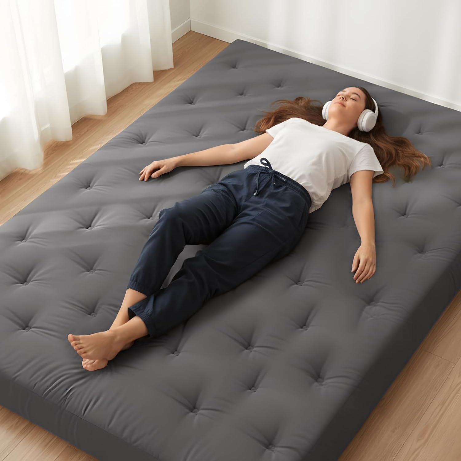 ZonLi Japanese Floor Futon Mattress Twin Size 39'x 75',100% Cotton Cover 6'' Thicken Tatami Mattress,Foldable Sleeping Pad,Portable Dormitory Tatami Mat,Roll Up Floor Lounger Bed for Adult (Grey)