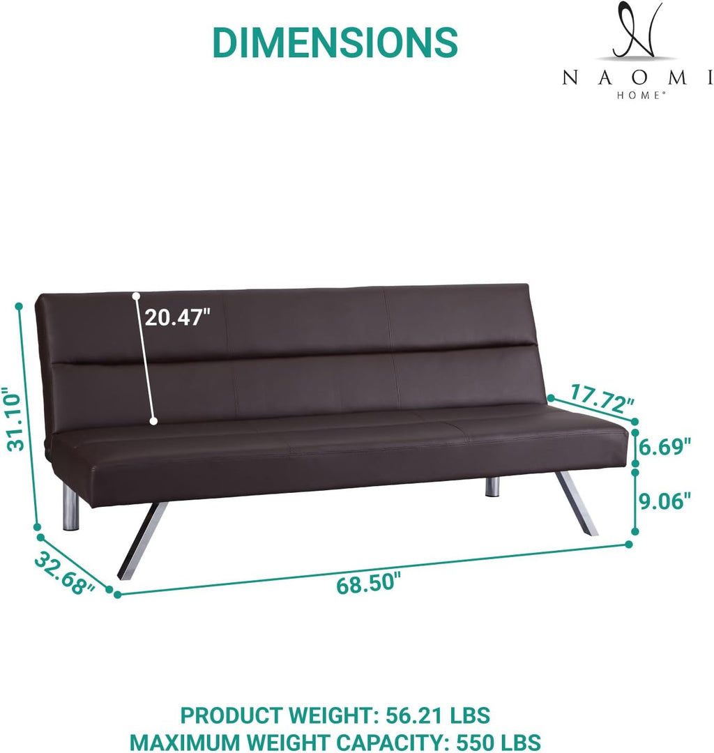 Naomi Home Zoe Futon Sofa Bed, Espresso, Faux Leather, 68.9' L x 31.80' W x 30.7' H