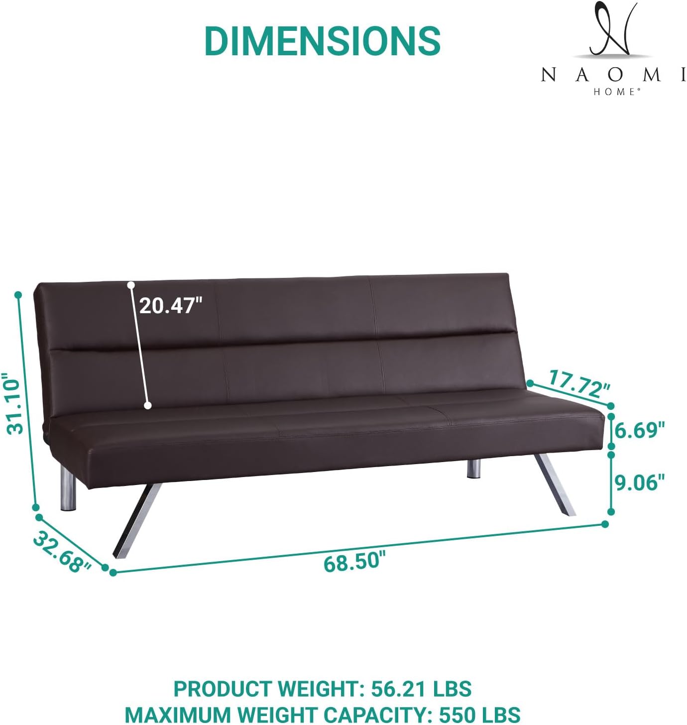 Naomi Home Zoe Futon Sofa Bed, Espresso, Faux Leather, 68.9' L x 31.80' W x 30.7' H
