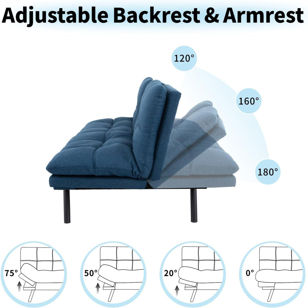 MUUEGM 71' Convertible Futon Sofa Bed, Upholstered Small Futon Couches with Adjustable Backrest, Loveseat Sleeper Bed for Compact Living Room Studio Office (Blue)