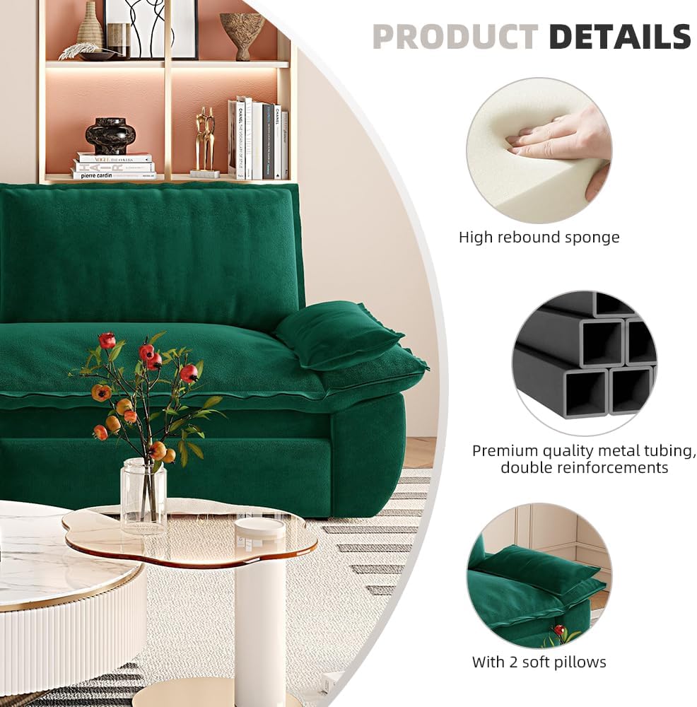 73.2' Sofa Bed Queen, 3-in-1 Pull Out Sofa Bed with Pillow Armrest, Modern Velvet Convertible Sleeper Futon Sofa for Living Room Small Space, Apartment, Bedroom, Green