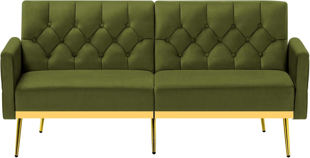 Velvet Sofa Bed w/Adjustable Armrests and Backrests, Modern Convertible Sleeper Sofa, Tufted Futon Sofa for Bedroom, Living Room, Apartment, Olive Green