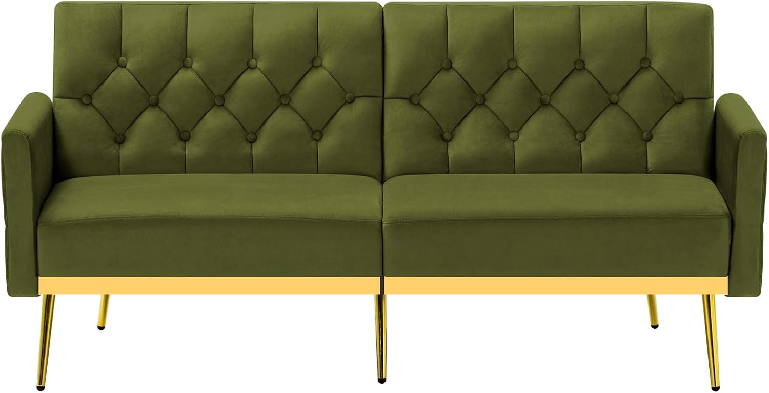 Velvet Sofa Bed w/Adjustable Armrests and Backrests, Modern Convertible Sleeper Sofa, Tufted Futon Sofa for Bedroom, Living Room, Apartment, Olive Green