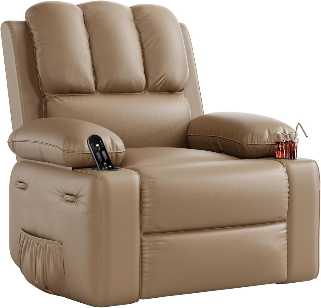 GarveeLife Oversized Recliner Chairs with Heat and Massage - Lazy Sofa for Adults- Manual Chair Recliner with Cup Holder for Living Rooms, Bedrooms and Nurseries - Tan