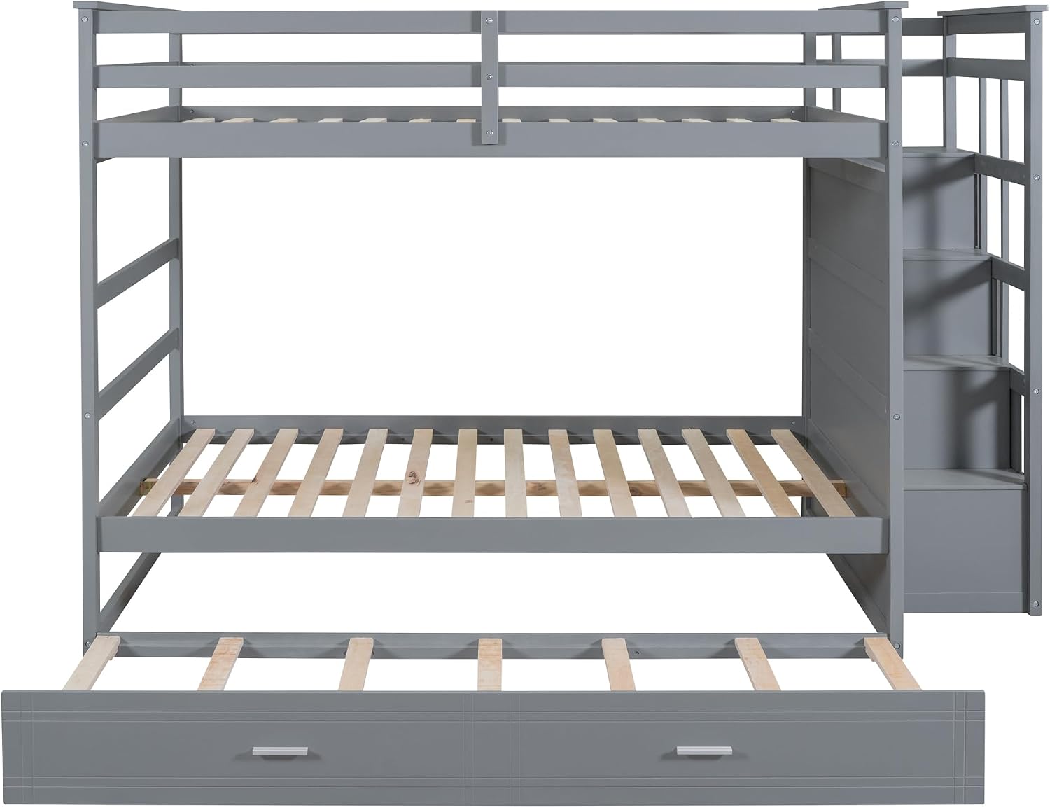 Harper & Bright Designs Full Over Full Bunk Bed with Twin Size Trundle and Stairs, Kids Bunk Beds with Storage Drawers, Wood Full Bunk Beds with Trundle and Guardrail for Kids Teens Adults, Gray
