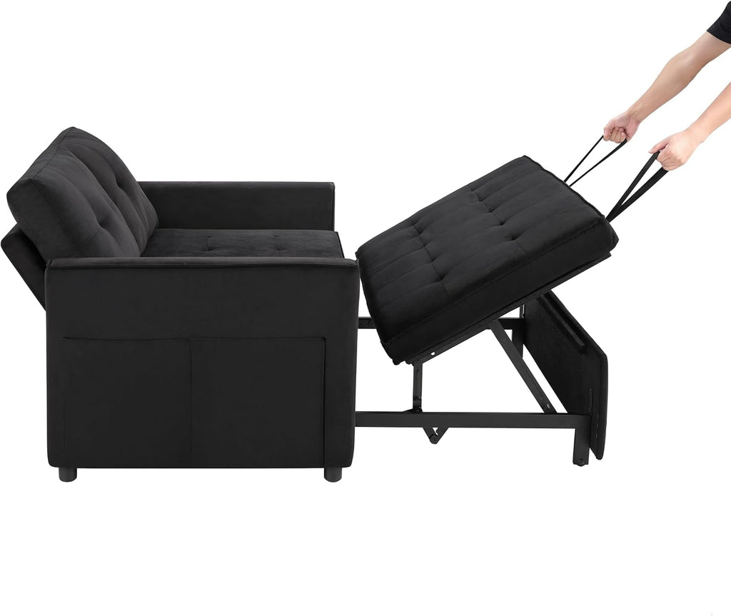 Sofa Bed, Pull Out Couch with Side Pockets, 3 in 1 Velvet Fabric Loveseat Sleeper Sofa Bed, Pull Out Couch with Adjustable Backrest for Living Room, Bedroom, Apartment, Black, 53 Inch