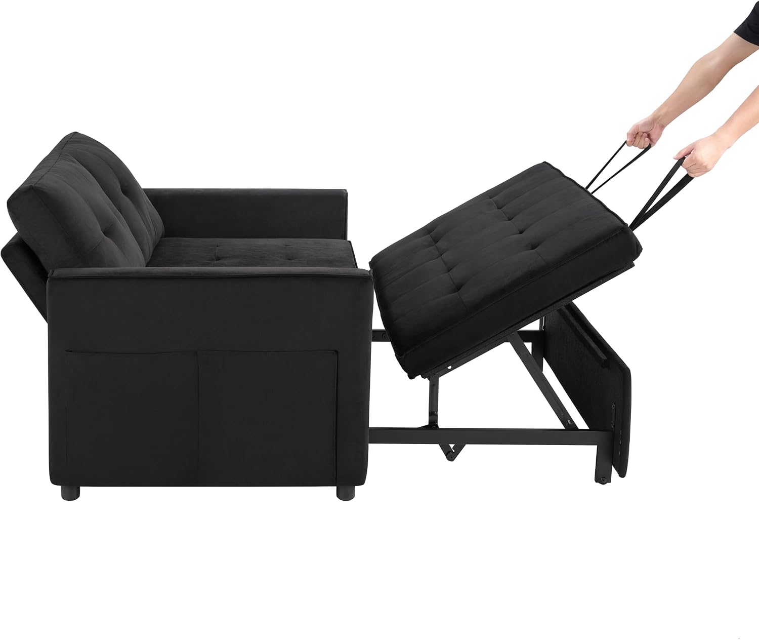 Sofa Bed, Pull Out Couch with Side Pockets, 3 in 1 Velvet Fabric Loveseat Sleeper Sofa Bed, Pull Out Couch with Adjustable Backrest for Living Room, Bedroom, Apartment, Black, 53 Inch
