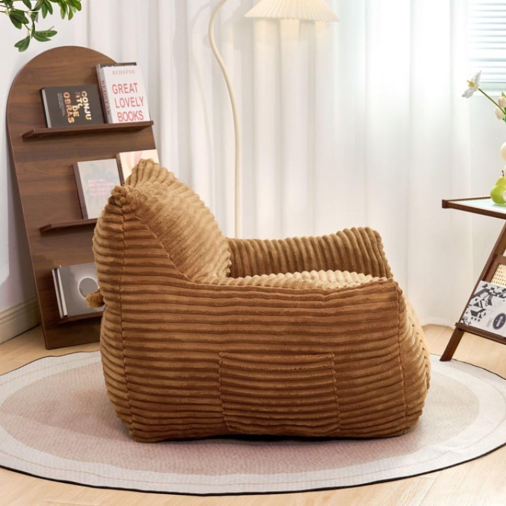 Bean Bag Chair for Adults with Armrests - Oversized Comfy Beige Beanbag Lounge Lazy Floor Sofa Chair for Living Room, Bedroom & Dorm, Cozy Fluffy Single Cloud Mini Couch (Brown + Corduroy + Foam)