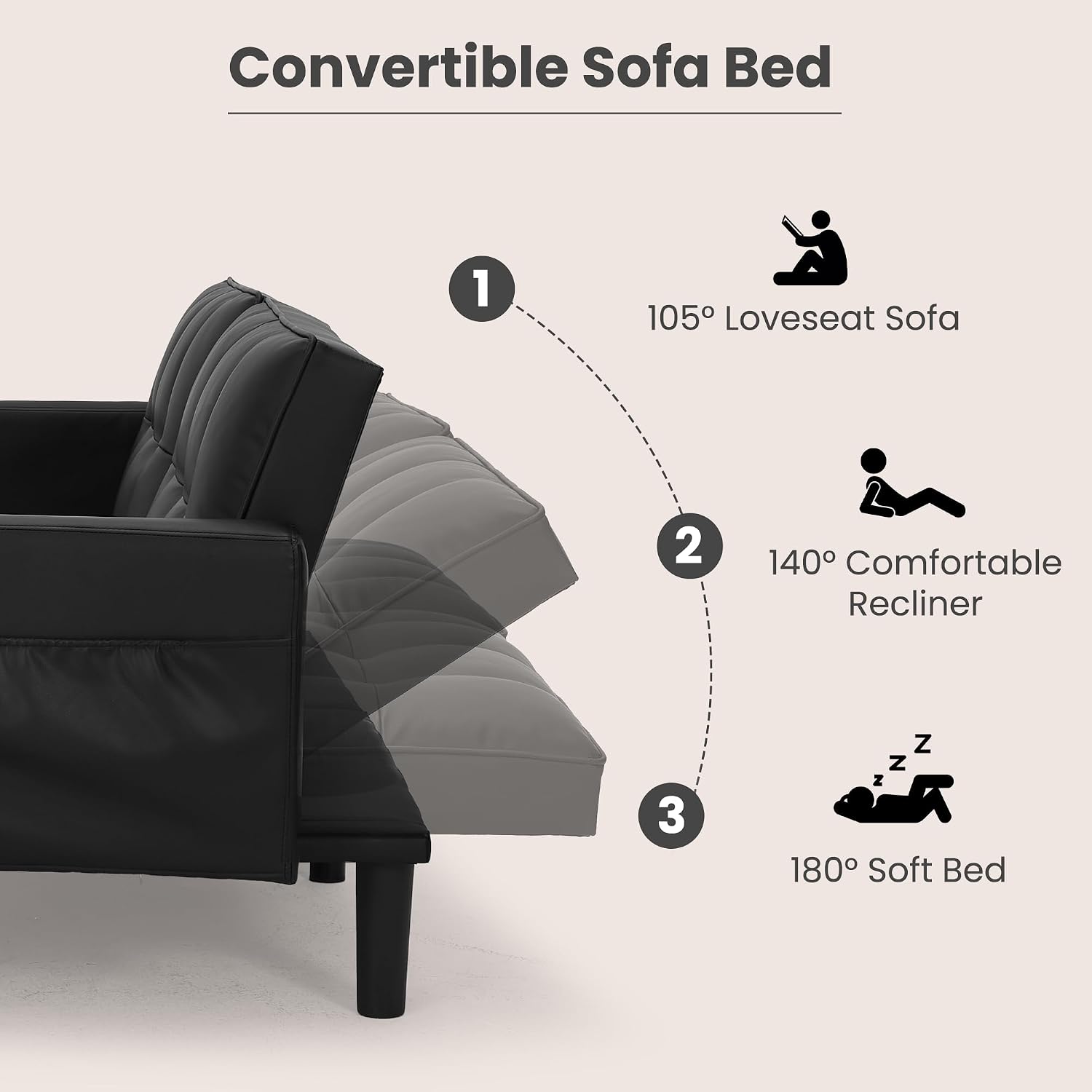 ECOTOUGE Futon Sofa Bed, 74' Convertible Sofa Bed with Adjustable Backrest Modern Loveseat Sleeper Sofa with 2 Pillow & Side Pockets Faux Leather Futon Couch for Living Room, Bedroom, Office, Black