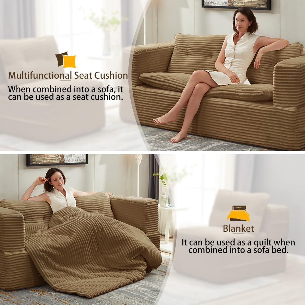 80'' Futon Sofa Bed, King Size Foldable Sleeper Sofa, Corduroy Boneless Loveseat Couch with Chaise Lounge, 3 Pillows, Blanket, Upholstered Sectional Couches for Living Room, Bedroom, Camel