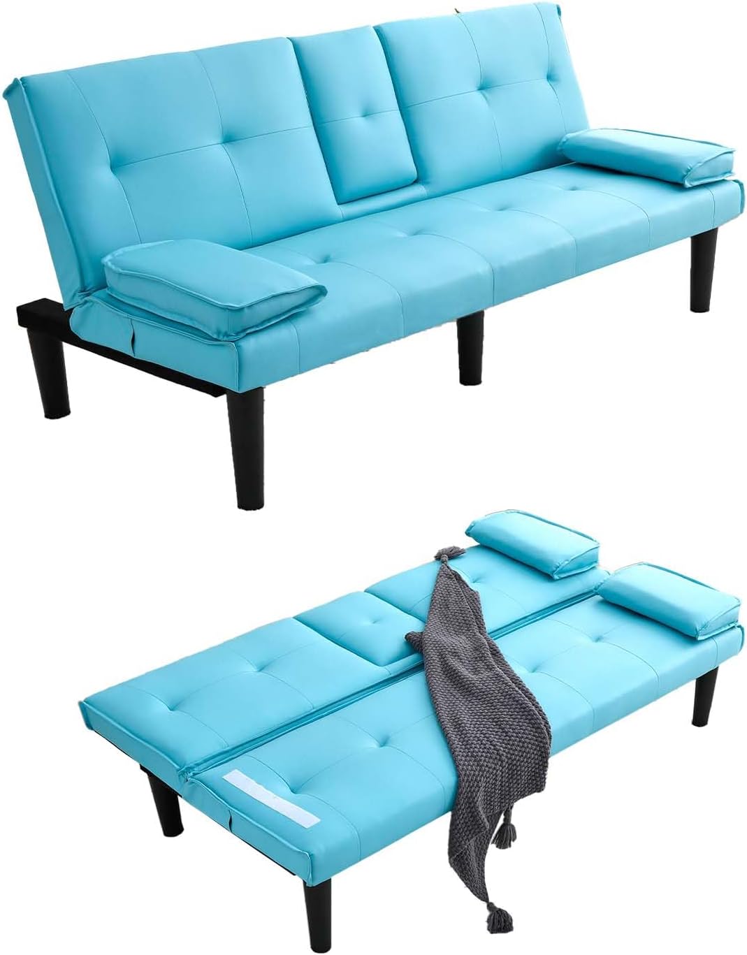 67' Futon Sofa Bed,Convertible Sofa Bed with 2 Cup Holders,Sleeper Couch PVC Leather Removable Soft Armrest Small Couch for Living Room Apartments ﻿ (Blue)