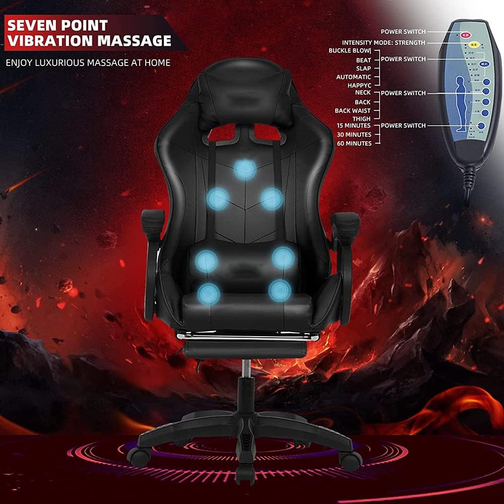 Gaming Chair for Adults & Teens High Back Gamer Chair Ergonomic Massage Racing Chair with Lumbar Support and Headrest Computer Desk Chair with Speakers and LED Lights,White