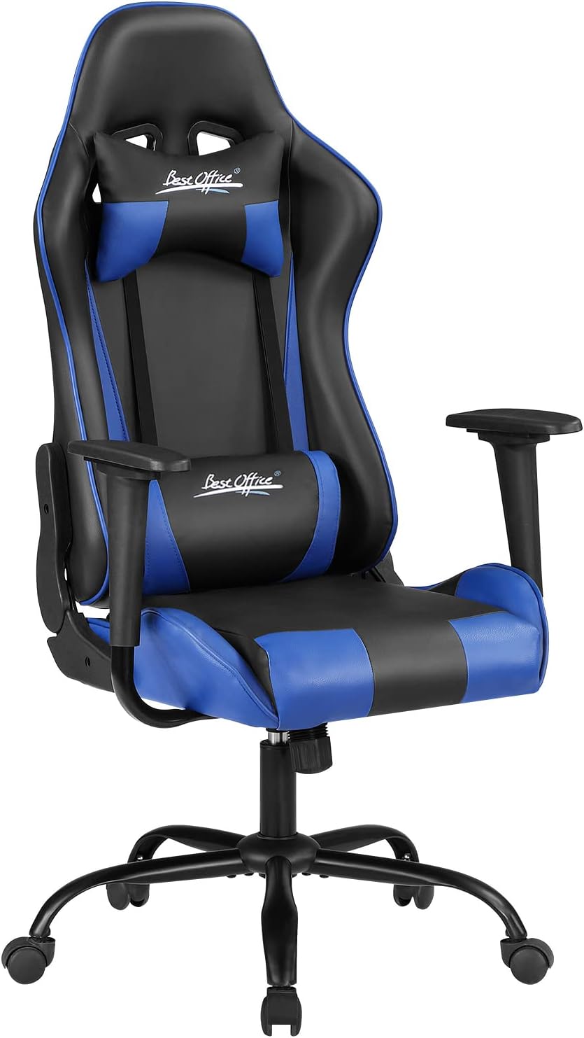 Ergonomic Gaming Chair for Adults with Lumbar Support, High Back Leather Desk Chair, Adjustable Swivel Computer Chair with Footrest and Headrest, Office Chair for Home and Gaming Setup (Blue)