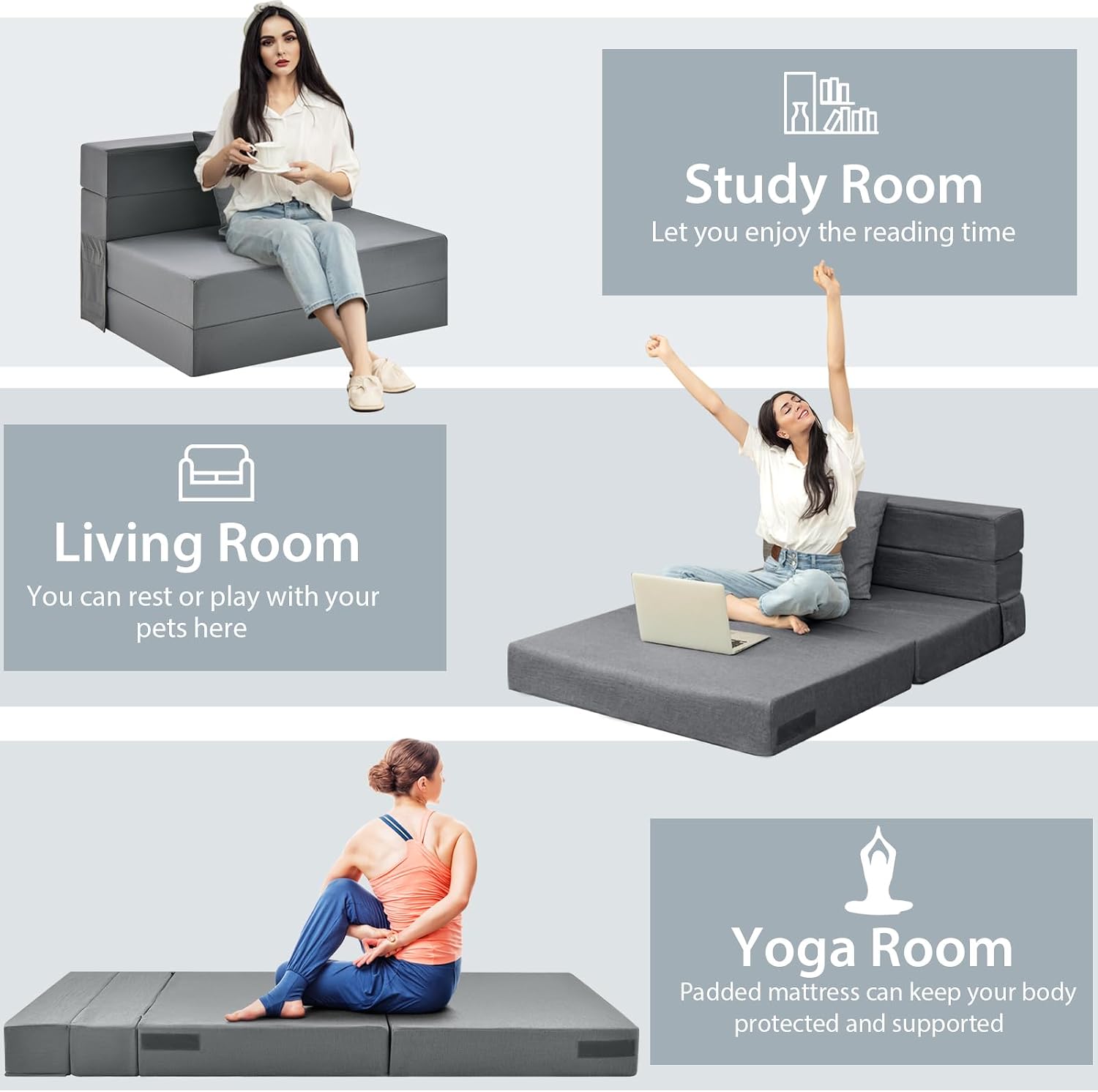 Giantex 6 Inch Folding Sofa Bed Couch with Pillow, Tri-fold Mattress with High-Density Foam, Foldable Floor Couch with Headrest, Portable Guest Bed with Zippered & Washable Cover, Dark Grey