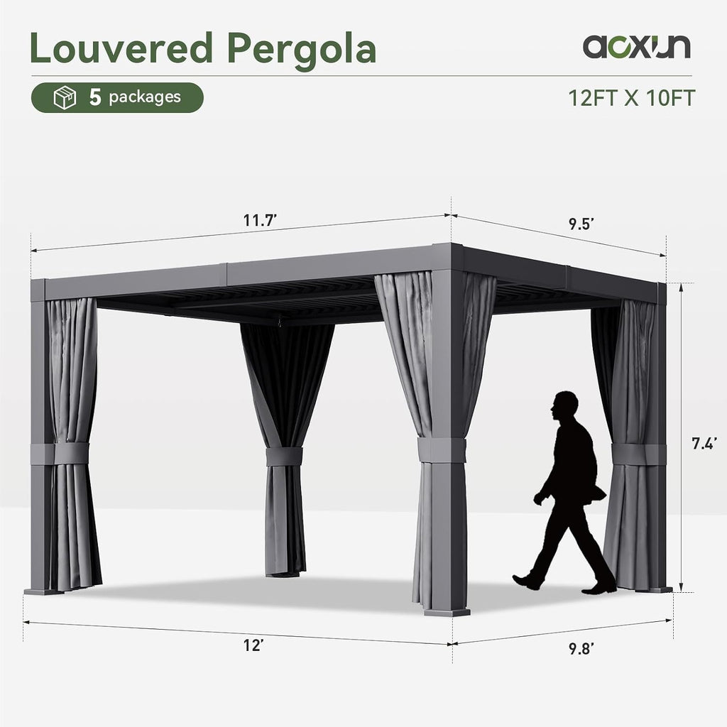 Aoxun Louvered Pergola 10' x 12' Outdoor Aluminum Pergola with Adjustable Louvers and Integrated Drainage System for Decks, Gardens and Backyards, Easy Installation, Gray