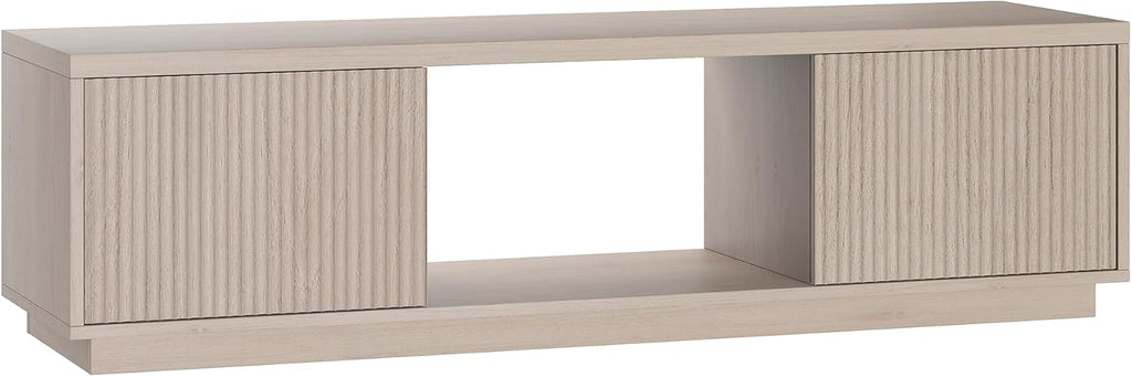 Henn&Hart Fluted TV Stand for TVs up to 65' with 2 Side Storage Cabinets and Open Center Storage for Living Room, Family Room, or Office, Beech White