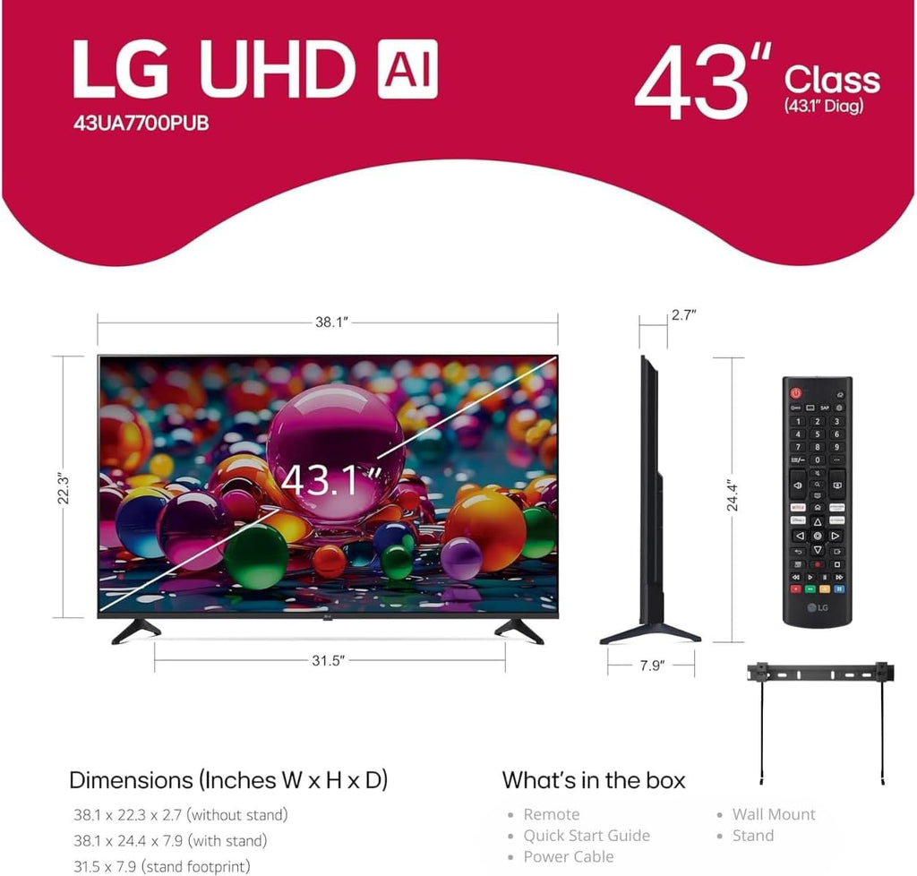 LG 43' (2025 Model) UHD AI UA75 Smart TV HDR10 Bluetooth a7 AI Processor 4K Gen8 Filmmaker Mode webOS 25 + Wall Mount Compatible with Alexa(Renewed)